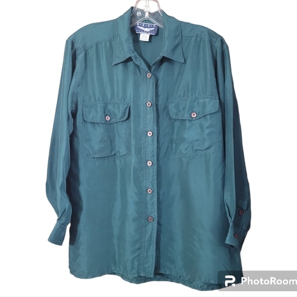 Vintage Best American dark green 100% silk button front shirt - Picture 7 of 9